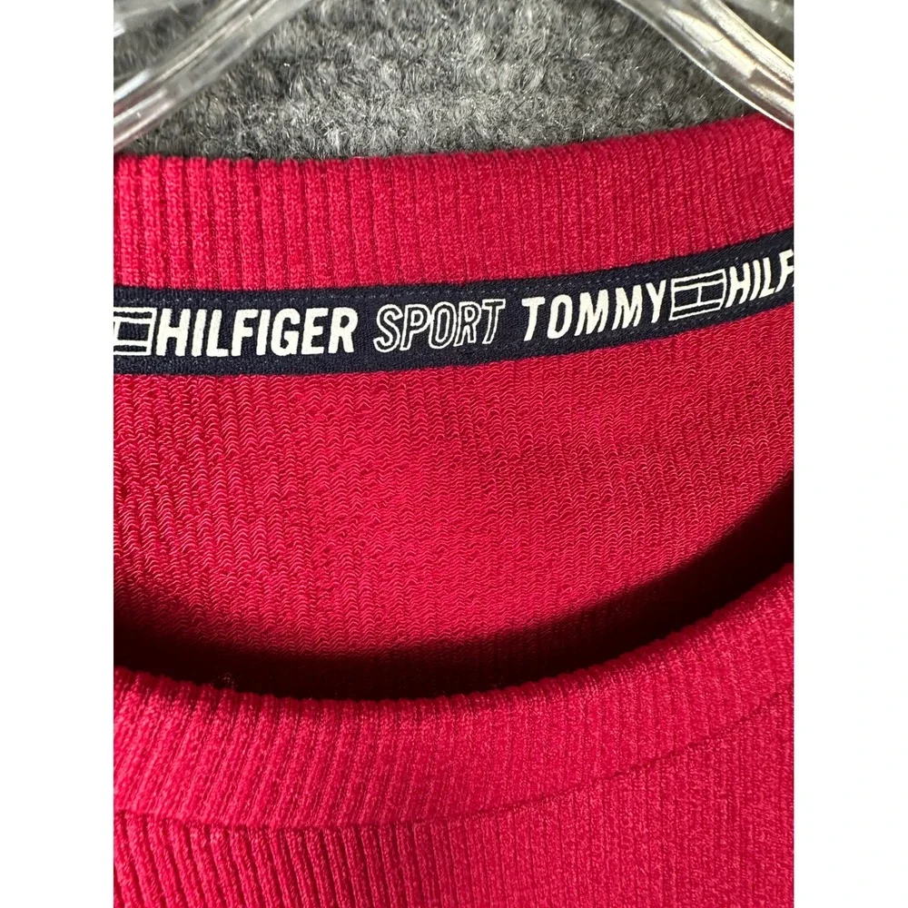 Tommy Hilfiger Womens Vintage Ribbed Baby Tee Small Red Sport Logo Crop Top